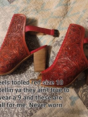 Myra Bag Red Tooled Leather Block Heel Sandals